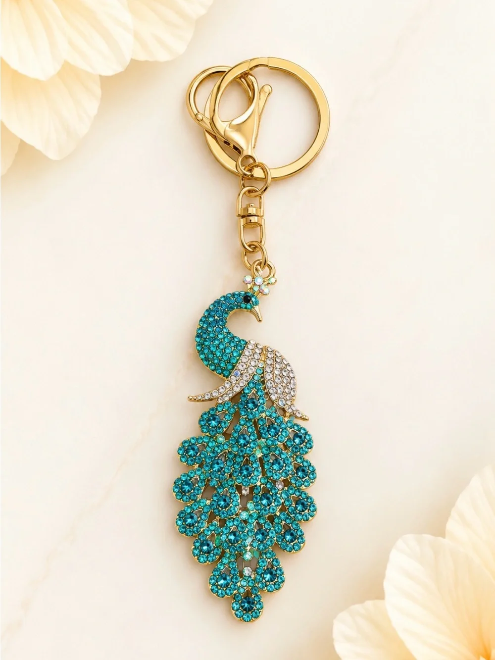 Peacock Bag Charm/Keyring  with Teal Rhinestone Accents On Gold Hardware
